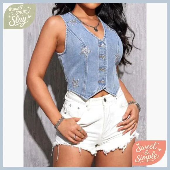 Sleeveless Denim Vest Top with Rhinestone Star Buttons and V-Neck